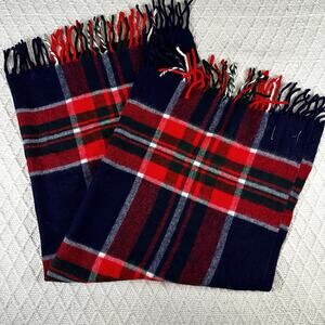Blue Red Tartan Plaid Wool Shawl Lap Blanket Fringe Wrap Throw